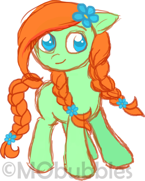 Size: 1771x2216 | Tagged: safe, artist:mobubbles, derpibooru import, oc, oc:spring leap, unofficial characters only, earth pony, pony, blue eyes, blue flowers, braid, cute, female, filly, flower, flower in hair, green pony, orange hair