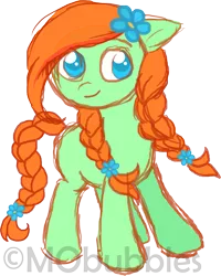 Size: 1771x2216 | Tagged: safe, artist:mobubbles, derpibooru import, oc, oc:spring leap, unofficial characters only, earth pony, pony, blue eyes, blue flowers, braid, cute, female, filly, flower, flower in hair, green pony, orange hair