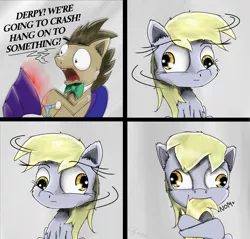 Size: 2000x1911 | Tagged: safe, artist:chopsticks, derpibooru import, derpy hooves, doctor whooves, time turner, pony, bowtie, comic, crash landing, cute, derp, derpabetes, dialogue, female, flying, looking at you, male, mare, nom, screen, stallion, this will not end well