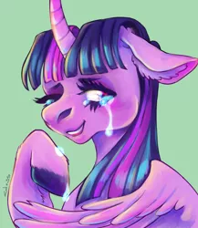 Size: 1024x1180 | Tagged: alicorn, artist:k9core, crying, curved horn, derpibooru import, ear fluff, female, floppy ears, mare, safe, simple background, smiling, solo, twilight sparkle, twilight sparkle (alicorn)