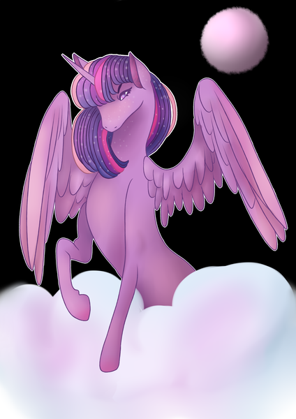 Size: 2893x4092 | Tagged: safe, artist:bewarethemusicman, derpibooru import, twilight sparkle, twilight sparkle (alicorn), alicorn, pony, cloud, female, freckles, hair over one eye, mare, moon, solo, spread wings, wings