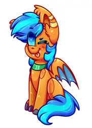 Size: 780x1080 | Tagged: safe, derpibooru import, oc, oc:bluemist, unofficial characters only, bat pony, pony, bat pony oc, bat wings, collar, ear fluff, fangs, fullbody, heart eyes, piercing, solo, tongue out, wingding eyes