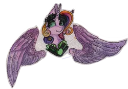 Size: 800x559 | Tagged: safe, artist:rinioshi, derpibooru import, princess cadance, queen chrysalis, alicorn, pony, bust, fake cadance, female, floral head wreath, flower, mare, portrait, solo, traditional art, wings