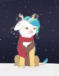 Size: 707x911 | Tagged: artist:mah521, christmas, christmas lights, derpibooru import, holiday, hybrid, interspecies offspring, male, night, oc, oc:apollo, offspring, parent:discord, parent:princess celestia, parents:dislestia, safe, sitting, snow, solo, unofficial characters only