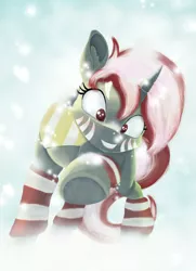 Size: 1156x1600 | Tagged: safe, artist:grayworldcorporation, derpibooru import, oc, oc:mr kizu, unofficial characters only, pony, unicorn, blurry, blushing, clothes, ear fluff, female, looking at you, mare, scarf, smiling, snow, socks, solo, striped socks, winter