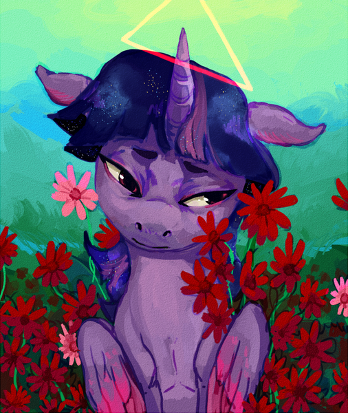 Size: 806x956 | Tagged: abstract background, alicorn, artist:colorlesscupcake, derpibooru import, female, floppy ears, flower, folded wings, mare, safe, solo, twilight sparkle, twilight sparkle (alicorn)