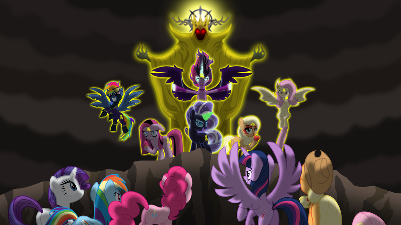 Size: 4000x2250 | Tagged: safe, artist:crisostomo-ibarra, derpibooru import, applejack, fluttershy, nightmare rarity, pinkie pie, rainbow dash, rarity, twilight sparkle, twilight sparkle (alicorn), ponified, alicorn, bat pony, deity, earth pony, pegasus, pony, unicorn, fanfic, fanfic:revelations of the apocalypse, equestria girls, inspiration manifestation, secrets and pies, antagonist, blonde mane, blonde tail, blue eyes, blue fur, body horror, claws, cowboy hat, cowgirl, doppelganger, eldritch abomination, equestria girls ponified, evil, evil clone, evil pie hater dash, evil pie hater shadowbolt dash, fanfic art, female, fight, flutterbat, glowing eyes, hastur, hat, heroines, image, inspirarity, lovecraftian deity, mane six, mare, midnight sparkle, multicolored mane, multicolored tail, nightmare inspirarity, orange fur, pink eyes, pink fur, pink mane, pink tail, pinkamena diane pie, png, possessed, purple eyes, purple fur, purple mane, purple tail, race swap, rainbow tail, red eyes, self paradox, self ponidox, shadowbolt dash, sharp teeth, spread wings, teeth, the king in yellow, villainesses, wallpaper, white fur, wings, yellow fur