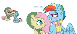 Size: 820x369 | Tagged: safe, artist:zoeytrent113, derpibooru import, fluttershy, rainbow dash, pegasus, pony, pony town, chest fluff, clothes, crying, female, flutterblitz, flutterdash, half r63 shipping, hat, looking at each other, male, rainbow blitz, rule 63, scarf, tears of joy, wings