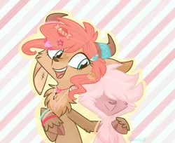 Size: 1024x835 | Tagged: artist:flourret, dead source, derpibooru import, female, hybrid, interspecies offspring, male, oc, oc:whimsy, oc:whitford, offspring, parent:pinkie pie, parent:prince rutherford, parents:pinkieford, safe, siblings, side hug, unofficial characters only, yakony