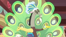 Size: 1280x720 | Tagged: safe, derpibooru import, screencap, discord, draconequus, discordant harmony, eyes closed, feather, male, peacock feathers, peacock tail, solo, spread arms