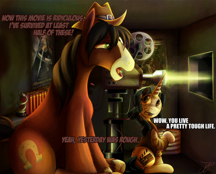 Size: 1250x1008 | Tagged: safe, artist:jamescorck, derpibooru import, trouble shoes, oc, oc:movie slate, earth pony, pony, unicorn, a million ways to die in the west, cinema, cowboy hat, dialogue, female, hat, male, mare, movie, movie review, size difference, smiling, stallion, tall, unicorn oc