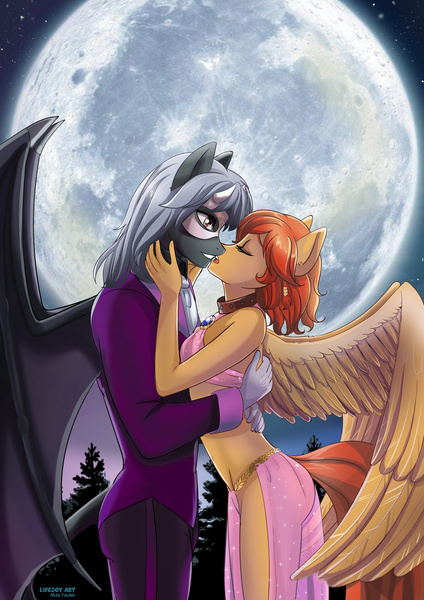 Size: 2480x3508 | Tagged: source needed, safe, artist:lifejoyart, derpibooru import, oc, oc:firetale, oc:lavish tyrant, unofficial characters only, anthro, bat pony, pegasus, bat pony oc, bat wings, belly dancer, belly dancer outfit, bocas top, clothes, collar, eyes closed, female, forest, full moon, harem outfit, kissing, male, mare, mask, moon, night, romantic, slave, slave outfit, stallion, tuxedo, tyrantale, wings