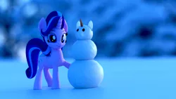 Size: 2560x1440 | Tagged: safe, artist:galawaille, derpibooru import, starlight glimmer, pony, unicorn, 3d, blender, carrot, cute, female, food, glimmerbetes, looking at you, mare, outdoors, smiling, snow, snowman, solo