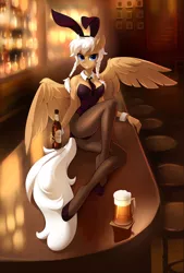 Size: 1200x1773 | Tagged: alcohol, alternate version, anthro, artist:tomatocoup, bartender, beer, blonde, braid, breasts, bunny ears, bunny suit, clothes, costume, cuffs (clothes), derpibooru import, female, leotard, looking at you, lying, mare, necktie, oc, oc:perfect pour, pantyhose, pegasus, playboy bunny, presenting, side, sitting, smiling, solo, solo female, suggestive, twin braids, unguligrade anthro, unofficial characters only