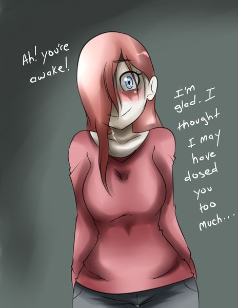 Size: 1275x1650 | Tagged: artist:inuyuru, blushing, breasts, clothes, comic, comic:yandereshy, derpibooru import, dialogue, drugged, female, fluttershy, hair over one eye, human, humanized, looking at you, offscreen character, part of a set, semi-grimdark, smiling, solo, yandere, yandereshy