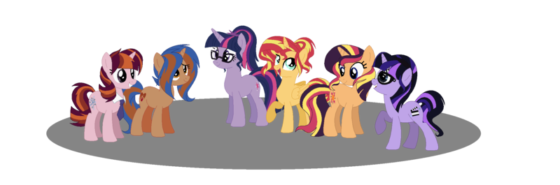 Size: 2245x743 | Tagged: safe, artist:thepegasisterpony, derpibooru import, sci-twi, sunset shimmer, twilight sparkle, oc, oc:arpeggio twinkle, oc:everfree shine, oc:silver screen, oc:twilight stardust, ponified, alicorn, pony, alicornified, alternate hairstyle, base used, equestria girls ponified, family, female, half-siblings, lesbian, magical lesbian spawn, offspring, parent:juniper montage, parent:sci-twi, parent:sonata dusk, parent:sunset shimmer, parents:scitwishimmer, parents:sunata, race swap, raised hoof, scitwishimmer, shimmercorn, shipping, siblings, simple background, sisters, sunsetsparkle, transparent background