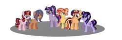 Size: 2245x743 | Tagged: safe, artist:thepegasisterpony, derpibooru import, sci-twi, sunset shimmer, twilight sparkle, oc, oc:arpeggio twinkle, oc:everfree shine, oc:silver screen, oc:twilight stardust, ponified, alicorn, pony, alicornified, alternate hairstyle, base used, equestria girls ponified, family, female, half-siblings, lesbian, magical lesbian spawn, offspring, parent:juniper montage, parent:sci-twi, parent:sonata dusk, parent:sunset shimmer, parents:scitwishimmer, parents:sunata, race swap, raised hoof, scitwishimmer, shimmercorn, shipping, siblings, simple background, sisters, sunsetsparkle, transparent background