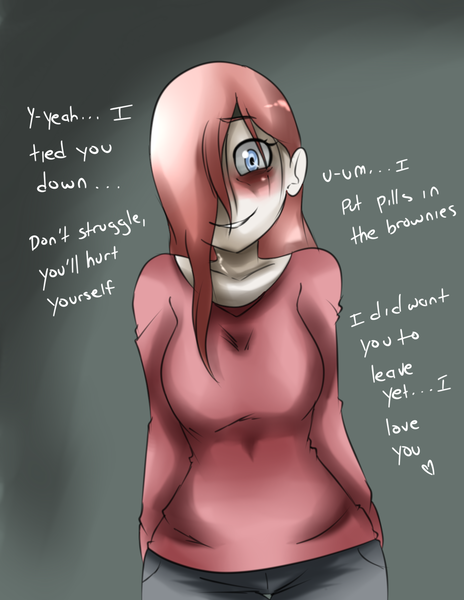 Size: 1275x1650 | Tagged: artist:inuyuru, blushing, breasts, clothes, comic, comic:yandereshy, derpibooru import, dialogue, female, fluttershy, hair over one eye, human, humanized, implied straight, looking at you, offscreen character, part of a set, semi-grimdark, smiling, solo, tied down, yandere, yandereshy