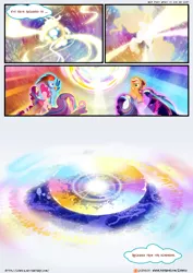 Size: 3500x4950 | Tagged: safe, artist:light262, artist:lummh, derpibooru import, applejack, fluttershy, pinkie pie, rainbow dash, rarity, twilight sparkle, twilight sparkle (alicorn), oc, oc:princess tempora, alicorn, pony, comic:timey wimey, color porn, comic, dialogue, eyestrain warning, female, magic, mane six, mare, rainbow power, smiling, speech bubble