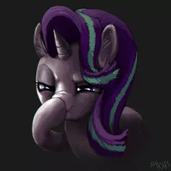 Size: 2500x2500 | Tagged: safe, artist:bigrigs, derpibooru import, starlight glimmer, pony, unicorn, 3d, boop, dark, dark background, ear fluff, exploitable meme, female, glimmerposting, gray background, mare, meme, nose wrinkle, self-boop, signature, simple background, solo