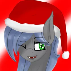 Size: 512x512 | Tagged: safe, artist:eclipsepenumbra, derpibooru import, oc, oc:eclipse penumbra, unofficial characters only, bat pony, abstract background, bat pony oc, bust, christmas, hat, holiday, one eye closed, santa hat, wink