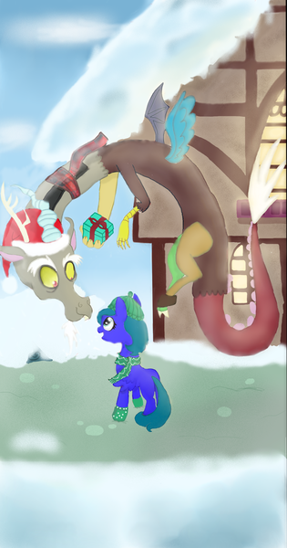 Size: 1652x3144 | Tagged: safe, artist:mr100dragon100, derpibooru import, discord, christmas, female, filly, hearts warming day, holiday, present, snow