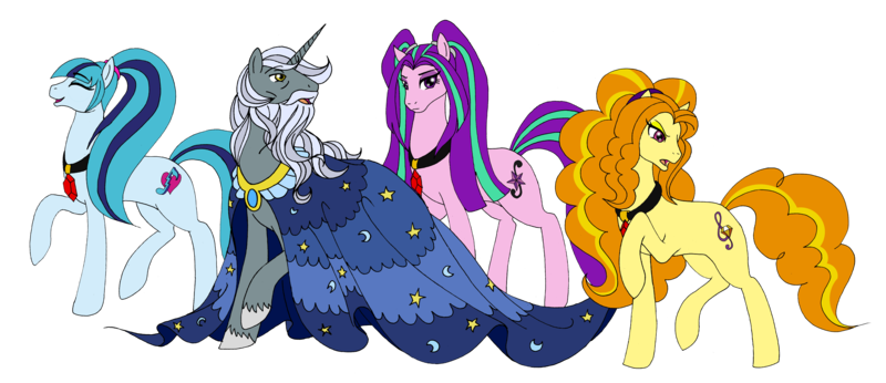 Size: 6007x2600 | Tagged: safe, artist:westphalianartist, derpibooru import, adagio dazzle, aria blaze, sonata dusk, star swirl the bearded, ponified, pony, unicorn, adult, beard, bedroom eyes, choker, cloak, clothes, cutie mark, daddy star swirl, eyes closed, facial hair, female, fluffy mane, gem, long mane, looking back, male, mare, moon, old, older, over the shoulder, pigtails, ponytail, raised hoof, simple background, smiling, stallion, stars, the dazzlings, transparent background, wizard