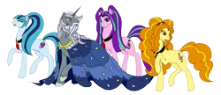Size: 6007x2600 | Tagged: safe, artist:westphalianartist, derpibooru import, adagio dazzle, aria blaze, sonata dusk, star swirl the bearded, ponified, pony, unicorn, adult, beard, bedroom eyes, choker, cloak, clothes, cutie mark, daddy star swirl, eyes closed, facial hair, female, fluffy mane, gem, long mane, looking back, male, mare, moon, old, older, over the shoulder, pigtails, ponytail, raised hoof, simple background, smiling, stallion, stars, the dazzlings, transparent background, wizard