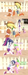 Size: 1650x4320 | Tagged: safe, artist:papadragon69, derpibooru import, applejack, sci-twi, spike, spike the regular dog, twilight sparkle, winona, dog, equestria girls, 3d, comic, copycat, fence, glasses, handshake, head pat, old master q, parody, pat, petting, reference, source filmmaker