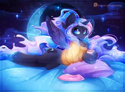 Size: 1777x1309 | Tagged: safe, artist:koveliana, derpibooru import, princess luna, alicorn, pony, bed, chocolate, chromatic aberration, clothes, cute, female, food, hot chocolate, laying on bed, mare, moon, night, patreon, patreon logo, pillow, sky, solo, stars, sweater, sweet dreams fuel