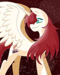 Size: 2000x2500 | Tagged: safe, artist:starstruckmana, derpibooru import, oc, oc:fausticorn, unofficial characters only, alicorn, pony, abstract background, colored pupils, female, hair over one eye, looking back, mare, signature, smiling, solo, spread wings, wings