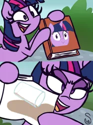 Size: 760x1015 | Tagged: safe, artist:quarium edits, derpibooru import, edit, twilight sparkle, twilight sparkle (alicorn), alicorn, pony, 2 panel comic, book, chocolate, chocolate milk, comic, ed edd n eddy, everything is ruined, evil, exploitable, exploitable meme, female, mare, meme, memeception, milk, pure unfiltered evil, solo, spilled milk, twilight's fact book, twilight's tome of pure unfiltered evil