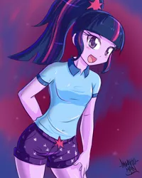 Size: 2000x2500 | Tagged: safe, artist:danmakuman, derpibooru import, sci-twi, twilight sparkle, equestria girls, legend of everfree, clothes, cute, danmakuman is trying to murder us, female, happy, looking at you, missing accessory, open mouth, shorts, smiling, solo, twiabetes