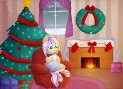 Size: 3900x2830 | Tagged: safe, artist:scarlet-spectrum, derpibooru import, oc, oc:azalea floria, unofficial characters only, pony, christmas, christmas stocking, christmas tree, christmas wreath, female, fireplace, holiday, leg warmers, mare, smiling, solo, tree, wreath