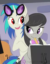 Size: 2625x3375 | Tagged: safe, artist:sotwnisey, derpibooru import, octavia melody, vinyl scratch, earth pony, pony, unicorn, bowtie, cello, female, glasses, lesbian, mare, mouth hold, musical instrument, open mouth, pencil, red eyes, scratchtavia, shipping, smiling, vinyl and octavia's home, wrong coat color, wrong eye color