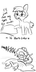 Size: 1650x3300 | Tagged: safe, artist:tjpones, derpibooru import, oc, oc:tjpones, unofficial characters only, earth pony, pony, bed, bed mane, chest fluff, comic, dialogue, drool, ear fluff, glasses, grayscale, laying on bed, lying, male, monochrome, mouth hold, on back, open mouth, pencil, pillow, simple background, sleeping, smiling, snoring, solo, stallion, white background, zzz