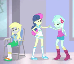 Size: 416x358 | Tagged: safe, derpibooru import, screencap, bon bon, derpy hooves, lyra heartstrings, sweetie drops, a fine line, equestria girls, equestria girls series, animated, clothes, cropped, legs, shoes, thumb wrestling