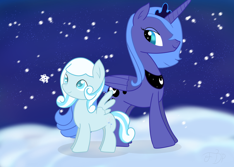 Size: 4200x3000 | Tagged: artist:flamelight-dash, derpibooru import, duo, duo female, female, filly, oc, oc:snowdrop, princess luna, safe, simple background, snow, snowfall, speedpaint available, woona, younger