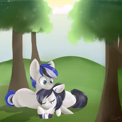 Size: 3000x3000 | Tagged: safe, artist:beashay, derpibooru import, oc, oc:dream, oc:koi, unofficial characters only, earth pony, pony, crepuscular rays, female, high res, male, mare, sleeping, stallion, sun, tree