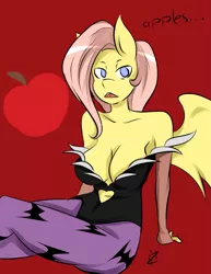 Size: 1275x1650 | Tagged: suggestive, artist:inuyuru, derpibooru import, fluttershy, anthro, bat pony, succubus, absolute cleavage, breasts, busty fluttershy, cleavage, clothes, cosplay, costume, darkstalkers, dialogue, female, flutterbat, looking at you, morrigan aensland, open mouth, race swap, red background, simple background, solo, solo female, strapless