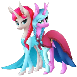 Size: 894x894 | Tagged: safe, artist:monogy, derpibooru import, oc, oc:platinum royale, oc:prudence aura, unofficial characters only, unicorn, anna, clothes, cosplay, costume, crossover, elsa, female, frozen (movie), offspring, parent:rarity, parents:canon x oc, sisters