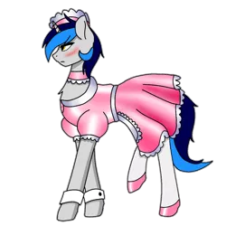 Size: 1000x1000 | Tagged: safe, artist:cappie, artist:coldlypainter, derpibooru import, oc, oc:cappie, unofficial characters only, pony, blushing, clothes, collaboration, crossdressing, maid, male, satin, shiny, shoes, silk, simple background, sissy, solo, stallion, transparent background, uniform