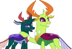 Size: 1009x689 | Tagged: artist:kirbymlp, brotherhood, brotherly love, brothers, changedling, changedling brothers, changeling, derpibooru import, family, king thorax, male, pharynx, prince pharynx, raised eyebrow, safe, simple background, smiling, thorax, to change a changeling, white background