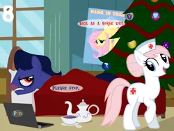 Size: 1024x768 | Tagged: safe, artist:bronybyexception, derpibooru import, fluttershy, nurse redheart, oc, oc:cobalt quill, pony, advent calendar, bed, christmas, christmas tree, cold, computer, hang in there, hanging, holiday, laptop computer, malpractice, mucous, mucus, ponyville hospital, poster, pun, sick, snot, tree