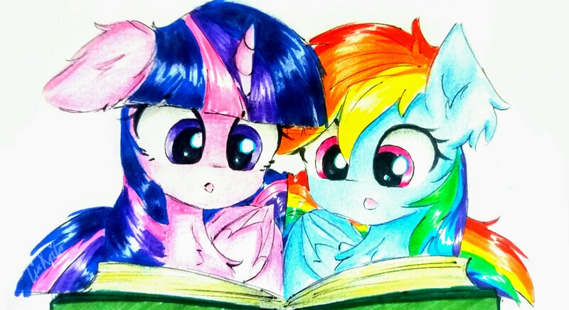 Size: 3580x1949 | Tagged: safe, artist:liaaqila, derpibooru import, rainbow dash, twilight sparkle, twilight sparkle (alicorn), alicorn, pegasus, pony, book, chest fluff, duo, egghead dash, female, floppy ears, mare, open mouth, reading, simple background, traditional art, white background