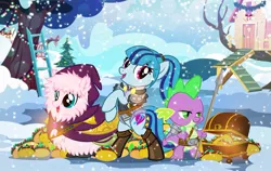 Size: 900x569 | Tagged: safe, artist:pixelkitties, derpibooru import, sonata dusk, spike, oc, oc:fluffle puff, ponified, dragon, earth pony, pony, armor, chest, clothes, clubhouse, coat, crusaders clubhouse, dungeons and dragons, equestria girls ponified, female, food, hearth's warming eve, holiday, ladder, male, mare, roleplaying, smiling, snow, spear, taco, that pony sure does love tacos, treasure chest, weapon, winter