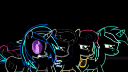 Size: 640x360 | Tagged: safe, artist:spaceoddpony, derpibooru import, bon bon, lyra heartstrings, octavia melody, sweetie drops, vinyl scratch, earth pony, pony, unicorn, animated, black background, bowtie, female, gif, mare, neon, running, simple background, smiling