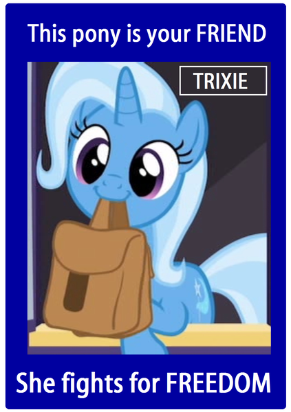 Size: 1072x1520 | Tagged: safe, derpibooru import, trixie, pony, unicorn, to where and back again, :3, china, cute, diatrixes, female, mare, mouth hold, parody, poster, propaganda, republic of china, saddle bag, smiling, solo, this man is your friend he fights for freedom, to saddlebags and back again, world war ii