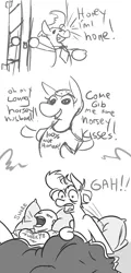 Size: 625x1297 | Tagged: safe, artist:jargon scott, derpibooru import, oc, oc:horsey husband, oc:human wifey, ponified, unofficial characters only, earth pony, human, pony, bed, bed mane, bipedal, catapult nightmare, comic, dialogue, dream, female, grayscale, male, mare, monochrome, nightmare, sleeping, snoring, stallion