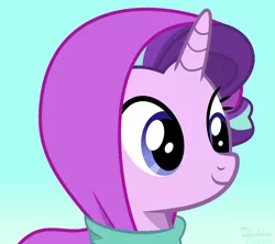 Size: 1000x886 | Tagged: safe, artist:tehwatever, derpibooru import, starlight glimmer, pony, unicorn, bust, cute, female, glimmerbetes, gradient background, headscarf, mare, portrait, scarf, signature, smiling, solo